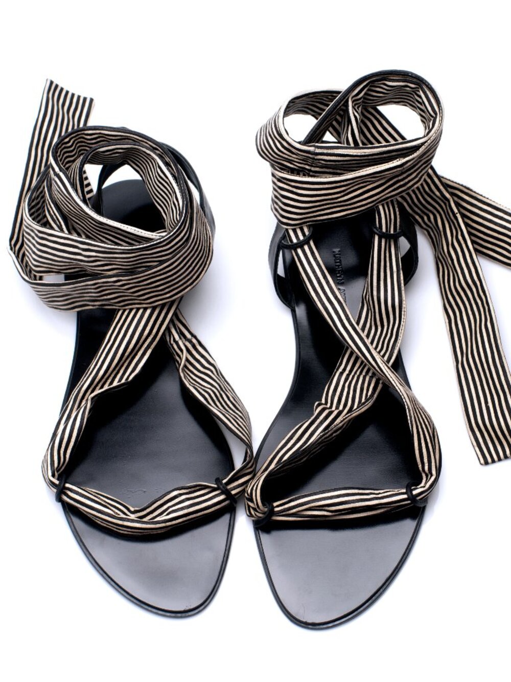 New Striped Genuine Leather Flat Sandals w. Ankle Ties NYC Designer Handmade